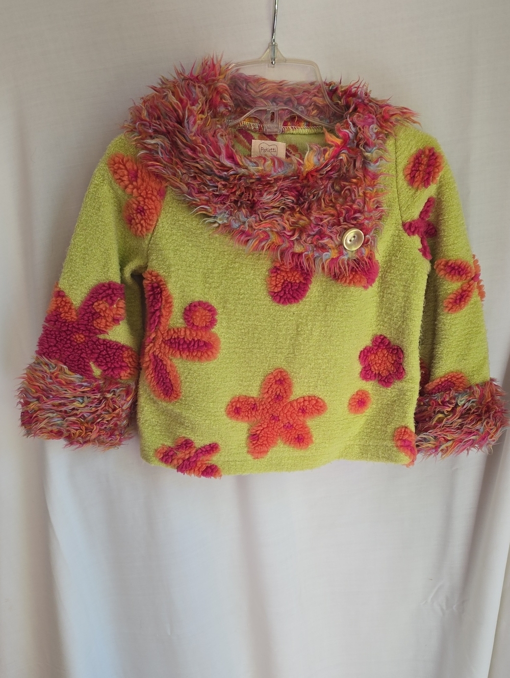 Whimsical Floral Fuzzy Collar Sweater - Lime & Pink